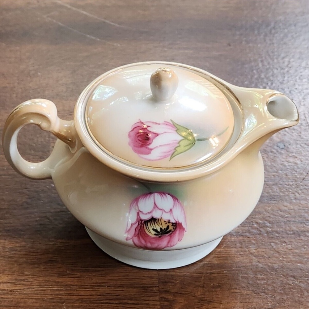 RARE Antique Vintage RS Prussia Germany Porcelain Small Teapot Pink Gold Floral